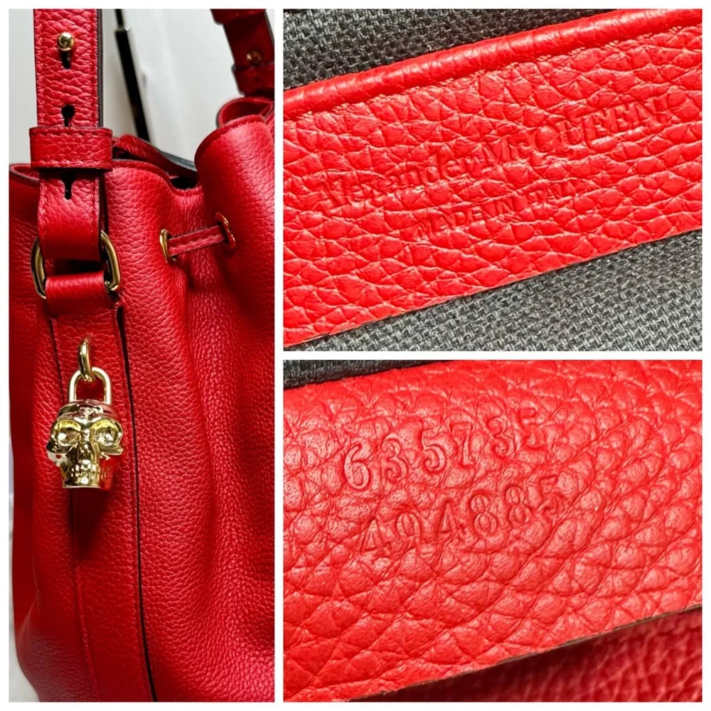 NEW! Alexander McQueen Secchiello Red Leather Skull Padlock Bucket Bag - Picture 16 of 17